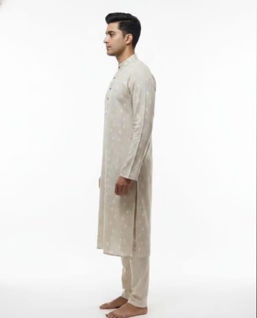 Men's Beige Kurta Woven Pattern,