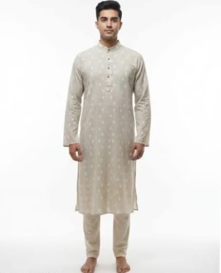 Men's Beige Kurta Woven Pattern,