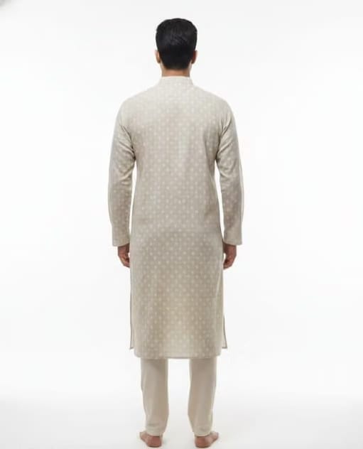 Men's Beige Kurta Woven Pattern,